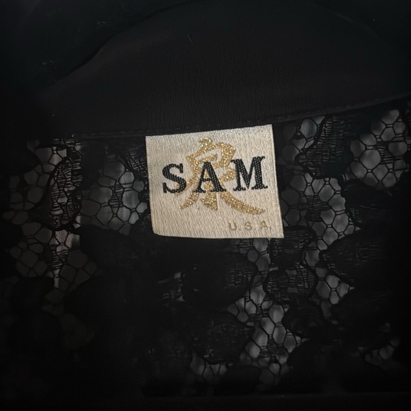 VINTAGE 80s SAM. Black Sheer Button-Down Shirt crop with tassels and lace small - Picture 2 of 8